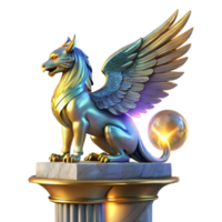 magnificent modern A majestic griffin with iridescent feathers, perched atop a crumbling marble pillar, illuminated by a single ray of golden light. Art Deco style high quality png