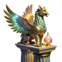 beautiful vintage A majestic griffin with iridescent feathers, perched atop a crumbling marble pillar, illuminated by a single ray of golden light. Art Deco style high resolution png