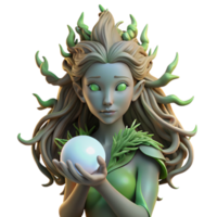 wonderful minimalist A serene dryad with bark-like skin and flowing vines for hair, cradling a glowing orb of nature's energy. Soft, ethereal lighting. Pre-Raphaelite style high quality png