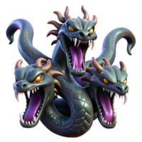 extraordinary traditional A fearsome hydra with multiple serpentine heads, dripping venom, against a backdrop of stormy clouds. Dark fantasy style premium png