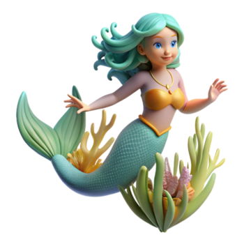 deslumbrante rústico uma gracioso sereia com cintilante balanças e fluindo algas marinhas cabelo, natação através uma coral recife, iluminado de embaixo da agua luz solar. arte nouveau estilo Alto resolução png