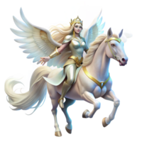 wonderful creative An ethereal Valkyrie with flowing white robes and a winged helmet, riding a majestic white pegasus, illuminated by a divine aura. Romantic style authentic png