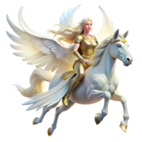 serene contemporary An ethereal Valkyrie with flowing white robes and a winged helmet, riding a majestic white pegasus, illuminated by a divine aura. Romantic style authentic png