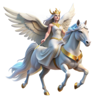 extraordinary traditional An ethereal Valkyrie with flowing white robes and a winged helmet, riding a majestic white pegasus, illuminated by a divine aura. Romantic style original png