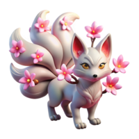 dramatic creative A cunning Kitsune with nine flowing tails, illuminated by glowing cherry blossoms in a twilight forest. Anime style genuine png