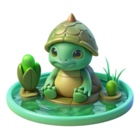 impressive modern A serene Kappa with a turtle shell and a water-filled depression on its head, sitting by a tranquil pond, illuminated by soft green light. Japanese folklore style 4K png