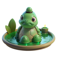 magnificent minimalist A serene Kappa with a turtle shell and a water-filled depression on its head, sitting by a tranquil pond, illuminated by soft green light. Japanese folklore style authentic png