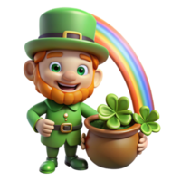 magnificent modern A mischievous Leprechaun with a pot of gold, hiding amongst four-leaf clovers, illuminated by a rainbow. Cartoon style high resolution png
