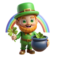 beautiful contemporary A mischievous Leprechaun with a pot of gold, hiding amongst four-leaf clovers, illuminated by a rainbow. Cartoon style genuine png