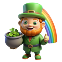 extraordinary traditional A mischievous Leprechaun with a pot of gold, hiding amongst four-leaf clovers, illuminated by a rainbow. Cartoon style high quality png