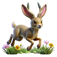 dramatic classic A playful Jackalope with rabbit ears and antelope horns, hopping through a field of wildflowers, illuminated by warm sunlight. Cartoon style high resolution png