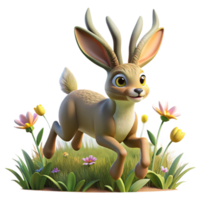 stunning modern A playful Jackalope with rabbit ears and antelope horns, hopping through a field of wildflowers, illuminated by warm sunlight. Cartoon style high resolution png