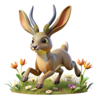 wonderful traditional A playful Jackalope with rabbit ears and antelope horns, hopping through a field of wildflowers, illuminated by warm sunlight. Cartoon style original png