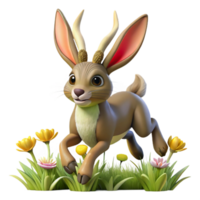 serene vintage A playful Jackalope with rabbit ears and antelope horns, hopping through a field of wildflowers, illuminated by warm sunlight. Cartoon style high quality png