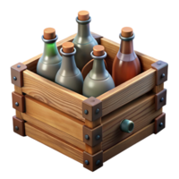 magnificent artistic A vintage wooden crate filled with antique bottles, soft natural lighting, rustic still life style high resolution png