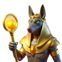 beautiful abstract A wise Anubis with the head of a jackal, holding the Ankh, illuminated by a golden glow. Egyptian mythology style high quality png