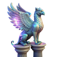 dramatic classic A majestic griffin with iridescent feathers, perched atop a crumbling marble pillar, lit by a single ray of ethereal moonlight, in the style of a classical oil painting detailed png