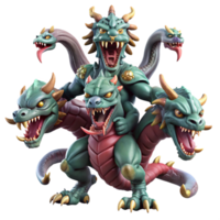 vibrant modern A powerful hydra with multiple heads, battling a brave knight, in a fiery volcanic landscape, in an epic, fantasy art style premium png