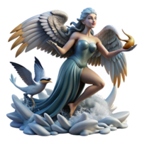 serene artistic A beautiful harpy with the body of a bird and the head of a woman, snatching a fish from the ocean, under a stormy sky, in a dynamic, Art Deco style detailed png