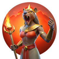 wonderful classic A fierce Sekhmet with the head of a lioness, wielding a flaming sword, under a blood-red sky, in a powerful, Art Deco style detailed png