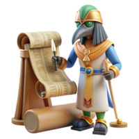 impressive artistic A wise Thoth with the head of an ibis, writing hieroglyphs on a papyrus scroll, in a dimly lit temple, in a detailed, ancient Egyptian style detailed png