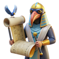 magnificent classic A wise Thoth with the head of an ibis, writing hieroglyphs on a papyrus scroll, in a dimly lit temple, in a detailed, ancient Egyptian style detailed png