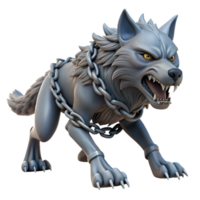 beautiful modern A powerful Fenrir, the monstrous wolf, bound by Gleipnir, struggling against his chains, in a dark, icy landscape, in a fearsome, Norse mythology style professional png