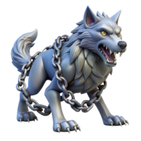 elegant creative A powerful Fenrir, the monstrous wolf, bound by Gleipnir, struggling against his chains, in a dark, icy landscape, in a fearsome, Norse mythology style detailed png
