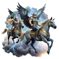 sereno tradicional un grupo de valquirias montando con alas caballos, que lleva caído guerreros a Valhalla, debajo un Tormentoso cielo, iluminado por iluminación, en un dramático, nórdico mitología estilo auténtico png