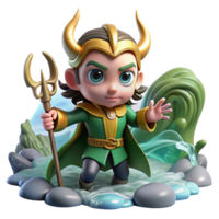 vibrant classic A mischievous Loki, the trickster god, shapeshifting into a salmon, in a rushing river, under a cloudy sky, in a dynamic, Norse mythology style authentic png