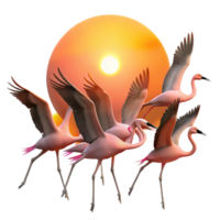 dramatic modern A flock of flamingos taking flight, salt flat setting, sunset lighting, silhouette style authentic png
