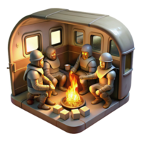 impressive vintage A group of survivors, clad in scavenged armor, huddle around a makeshift campfire within a hollowed-out subway car, warm firelight, chiaroscuro, painterly style high quality png