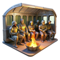 serene rustic A group of survivors, clad in scavenged armor, huddle around a makeshift campfire within a hollowed-out subway car, warm firelight, chiaroscuro, painterly style detailed png