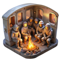 dramatic rustic A group of survivors, clad in scavenged armor, huddle around a makeshift campfire within a hollowed-out subway car, warm firelight, chiaroscuro, painterly style detailed png