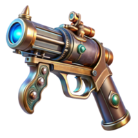 magnificent artistic A gleaming steampunk pistol with ornate engravings and glowing vacuum tubes, highly polished, ray tracing, sharp focus high quality png