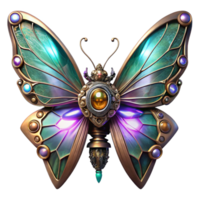 serene traditional A steampunk mechanical butterfly with delicate filigree wings and glowing crystal accents, vibrant colors, dynamic lighting, digital art detailed png