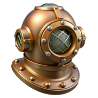 extraordinary classic A steampunk diver helmet with brass rivets and a large circular glass faceplate, underwater lighting effects, realistic rendering original png