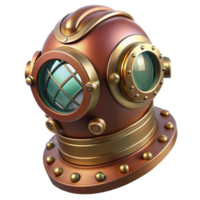 dramatic artistic A steampunk diver helmet with brass rivets and a large circular glass faceplate, underwater lighting effects, realistic rendering detailed png