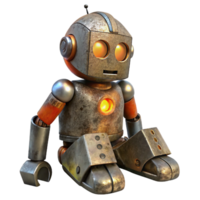 serene classic A dilapidated robot, its circuits exposed and sparking, sits abandoned in a overgrown park, rusted metal texture, melancholic, soft lighting high resolution png