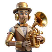 magnificent classic A steampunk automaton musician playing a brass instrument, intricate clockwork mechanisms visible, theatrical lighting, art deco style professional png