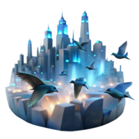 serene classic A flock of bioluminescent birds flies over a desolate cityscape at dusk, ethereal, surreal, soft lighting genuine png