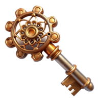 vibrant traditional A steampunk key with intricate filigree and a clockwork winding mechanism, metallic reflections, studio lighting, hyperrealistic rendering professional png