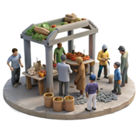 elegant modern A group of survivors barters for goods in a makeshift marketplace within a bombed-out stadium, bustling, gritty, realistic, ambient lighting high resolution png