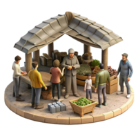 magnificent artistic A group of survivors barters for goods in a makeshift marketplace within a bombed-out stadium, bustling, gritty, realistic, ambient lighting genuine png