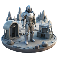 serene traditional A lone figure in a power armor suit stands guard over a settlement built within a crashed spaceship, futuristic, sci-fi, dramatic lighting high resolution png