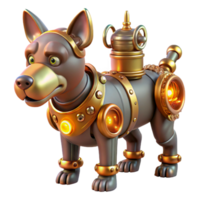 magnífico moderno uma steampunk robótico cachorro com exposto engrenagens e brilhando vácuo tubos, brincalhão pose, caloroso iluminação, digital arte Alto resolução png
