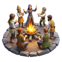 serene rustic A group of survivors performs a ritual around a bonfire amidst a desolate forest, mystical, firelight, painterly high quality png