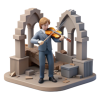 elegant creative A lone figure plays a melancholic tune on a salvaged violin amidst the ruins of a concert hall, somber, realistic, soft lighting original png