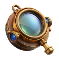 serene vintage A steampunk monocle with a ornate brass frame and a circular lens, intricate detailing, soft lighting, photorealistic detailed png