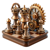 extraordinary abstract A steampunk chess set with intricate clockwork pieces and a brass board, dramatic lighting, hyperrealistic rendering high quality png